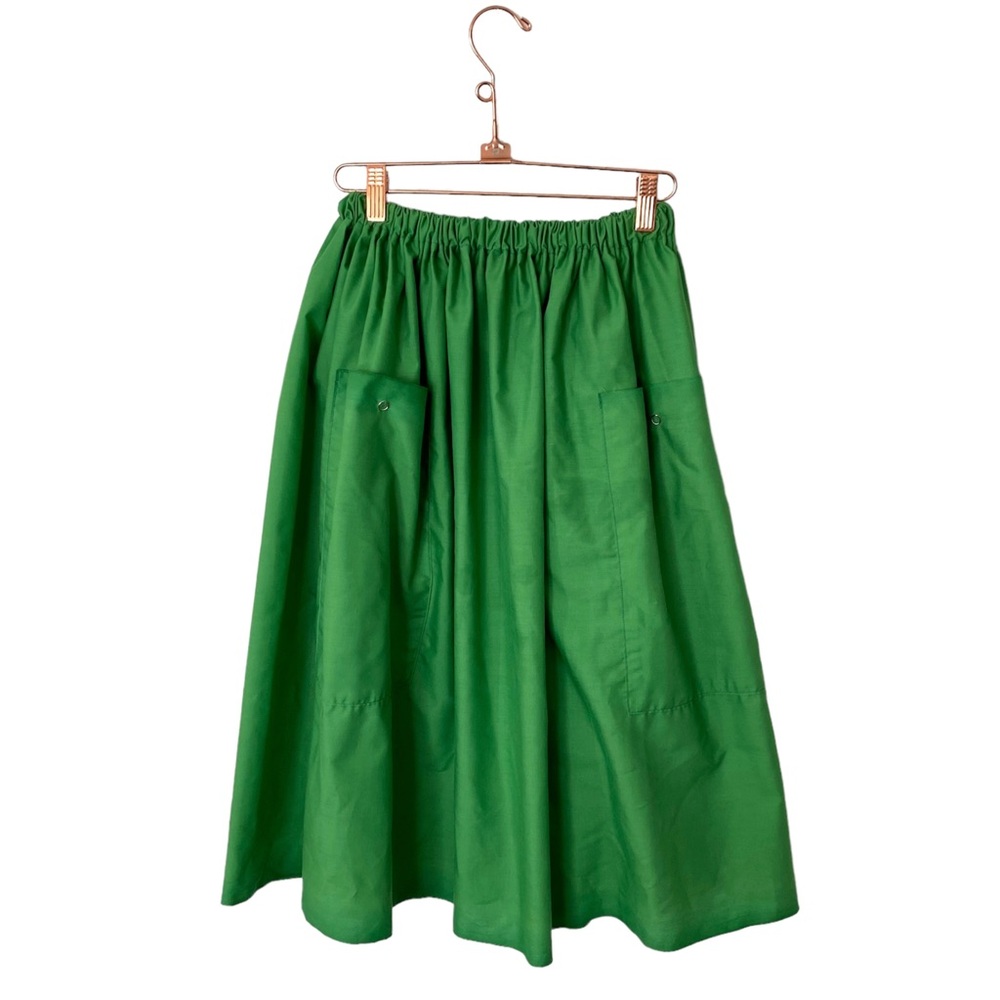 Vtg Mod Handmade Cotton Skirt Green Lightweight Front Pockets w Snaps # 0039